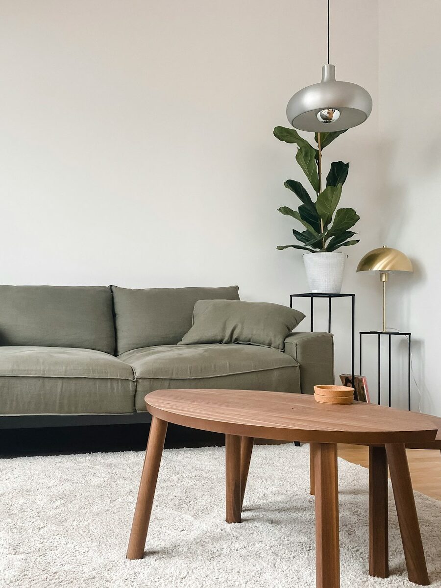 gray 2 seat sofa near brown wooden coffee table