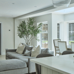 Modern, bright open-plan living and dining area with grey sofas, a large ottoman, dining table with chairs, indoor potted tree, and large windows letting in natural light. A kitchen island is in the foreground.