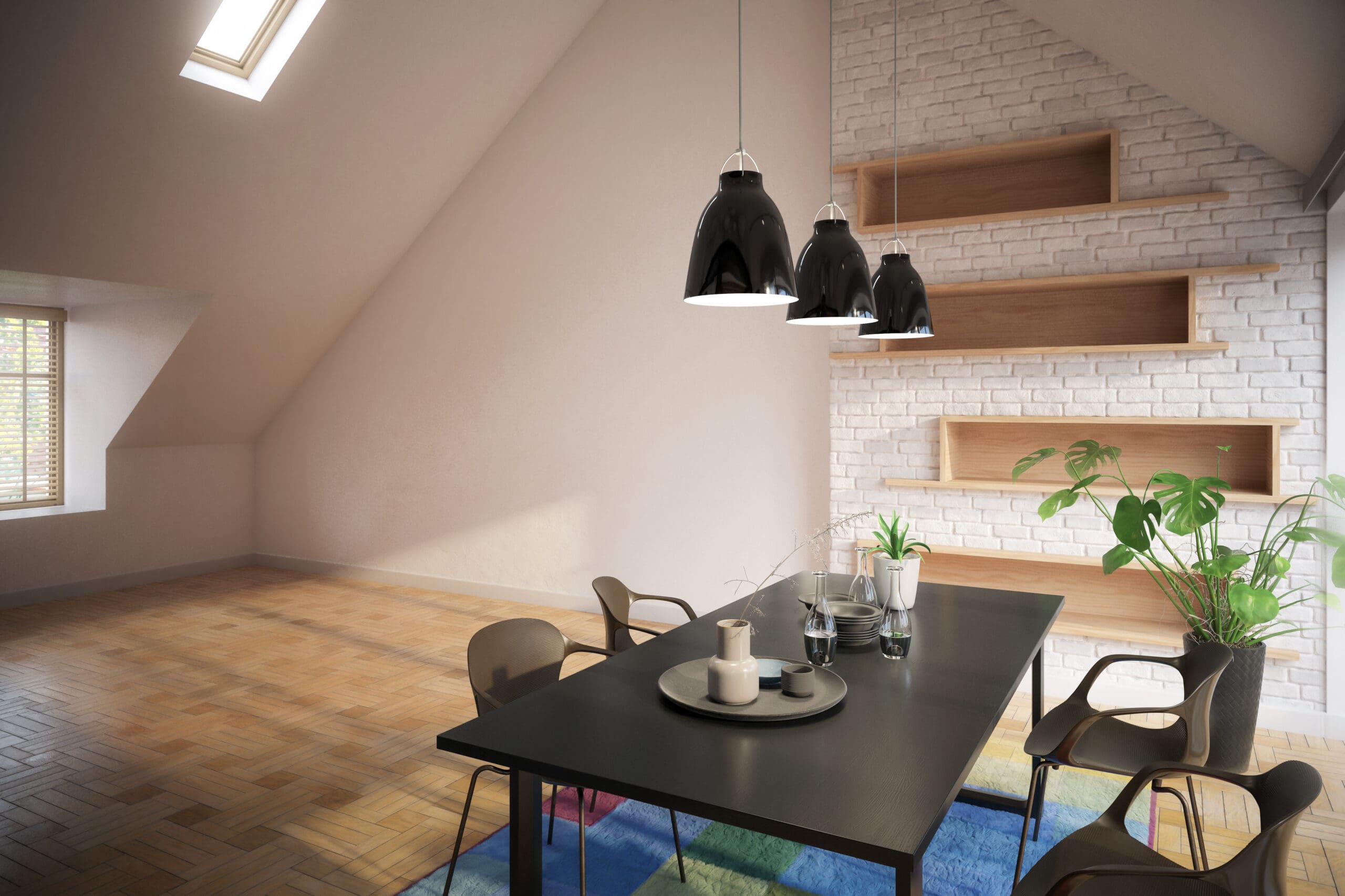 A modern dining area with a dark table, four chairs, hanging black pendant lights, wooden shelves on a white brick wall, a plant, and large windows letting in natural light.