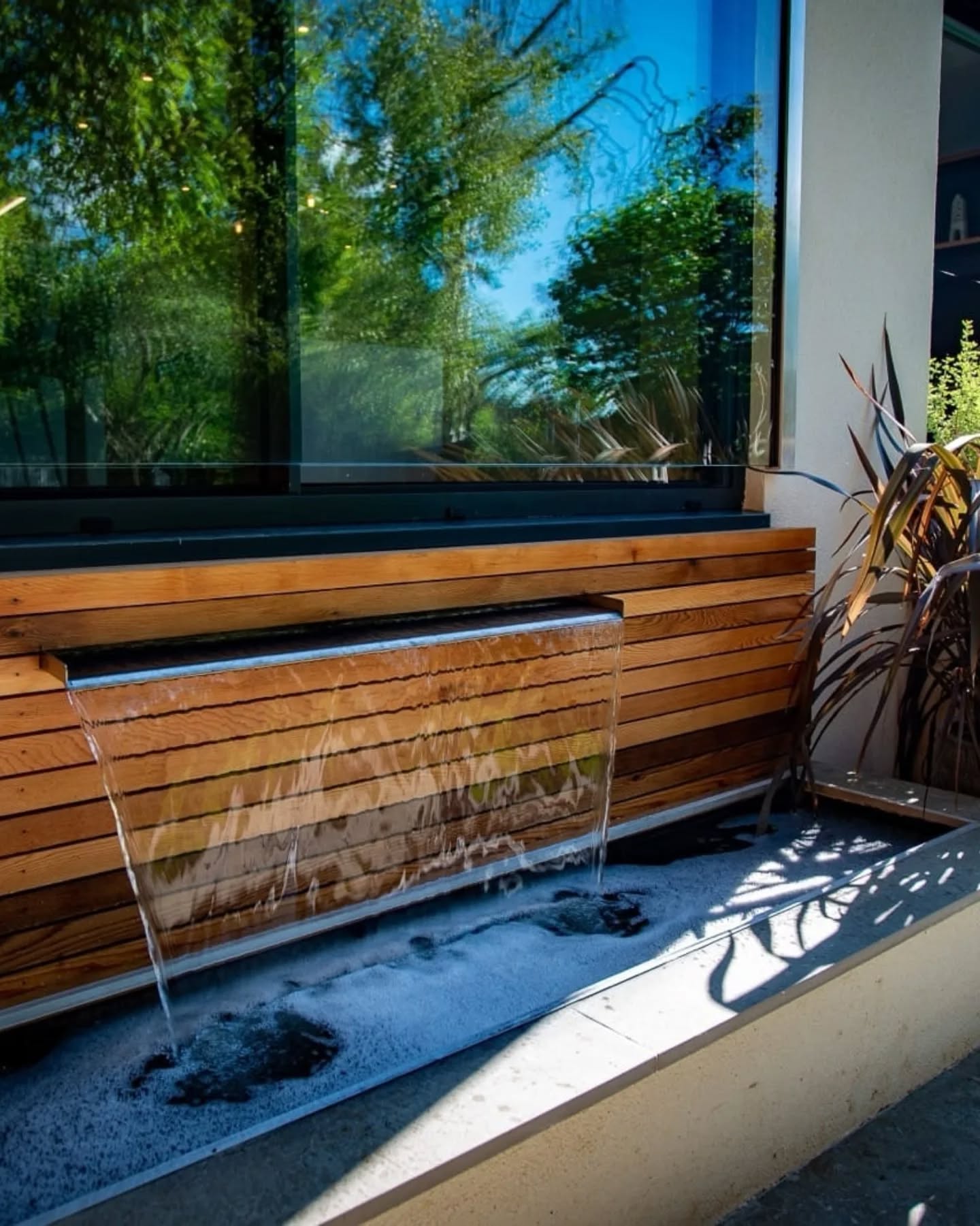 A modern outdoor water feature with a clear glass waterfall flows over a wooden slat structure, reflecting trees and sky in a nearby window. Ornamental plants line the side.